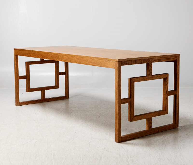 Long Oak Desk Table with Side Geometrical Design