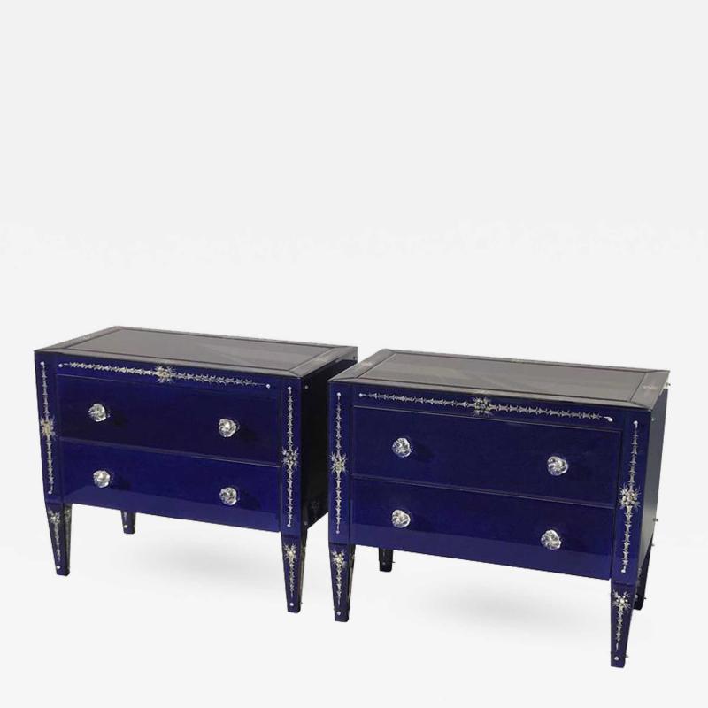 Lorin Marsh Pair of Lapis Blue Venetian Mirrored Night Stands by Lorin Marsh