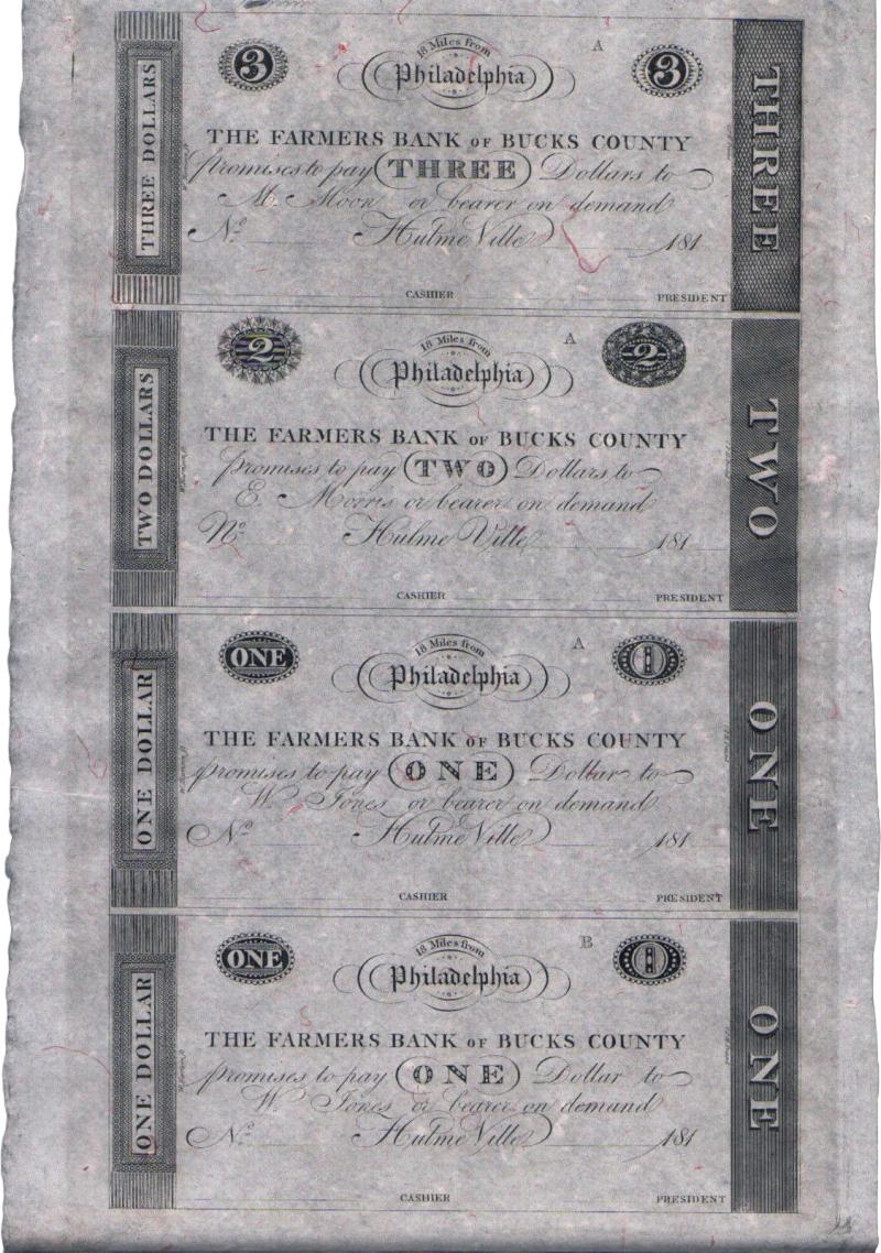 Lot 4 Uncut 1810s Farmer s Bank of Bucks County RARE SHEET 1 1 2 3 Philadelphia