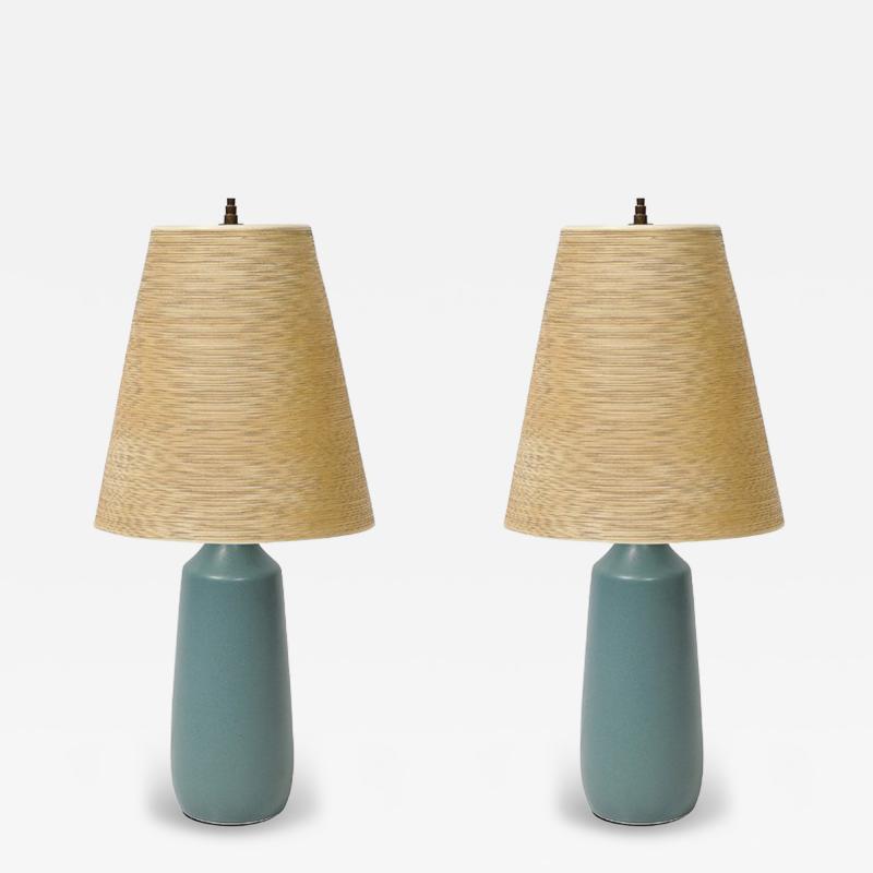 Lotte Gunnar Bostlund Mid Century Blue Ceramic Fiber Shaded Table Lamps by Lotte Gunnar Bostlund