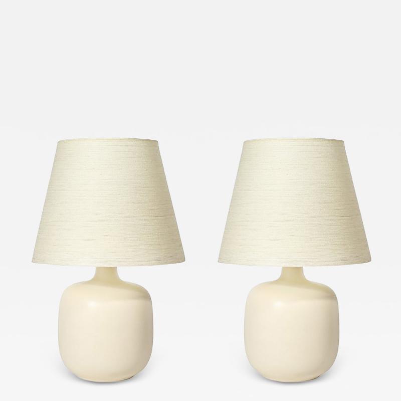 Lotte Gunnar Bostlund Mid Century Off White Glazed Ceramic Table Lamps by Lotte Gunnar Bostlund