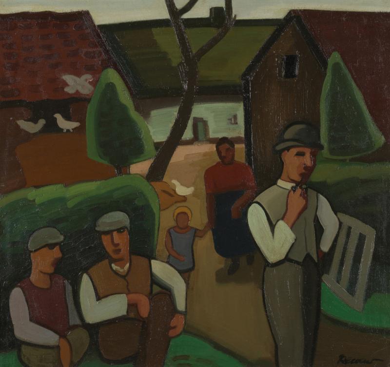 Louis Fran ois Decoeur Early 20th C Brabant Fauvism Farming Family on a Sunday Morning Oil on Canvas