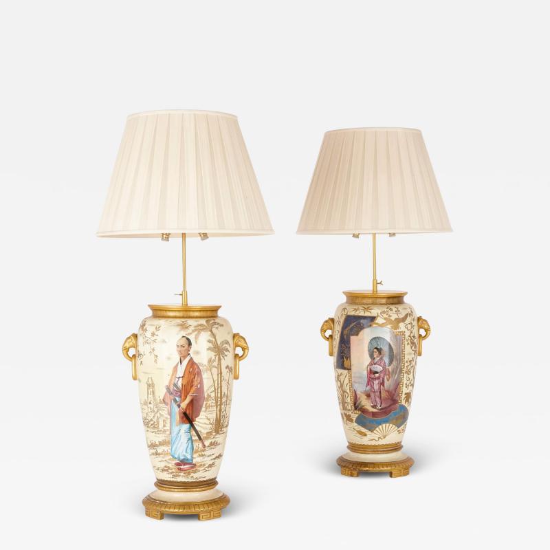 Louis Pierre Malpass Pair of French antique Japonisme glazed ceramic and ormolu mounted lamps