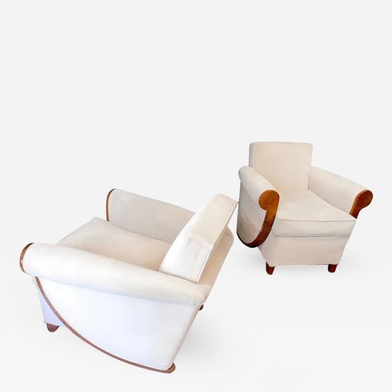 Louis Sognot Louis Sognot Superb Comfortable Pair of Club Chairs in Cerused Oak