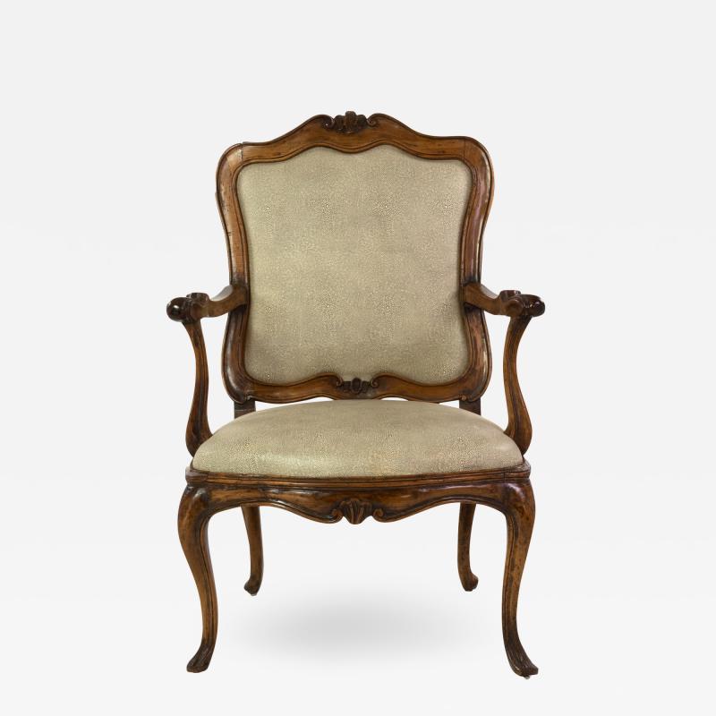 Louis XV Carved Walnut Fauteuil ca 1750 Upholstered In Faux Shagreen Linen 