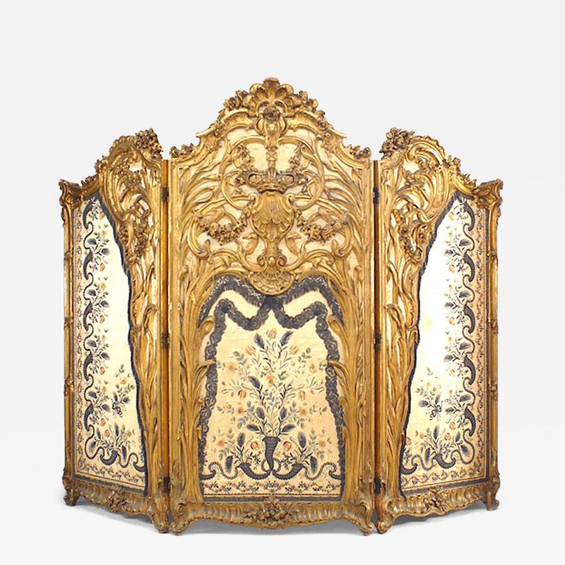Louis XV Style Carved Gilt 3 Fold Screen with Embroidered Silk Panels