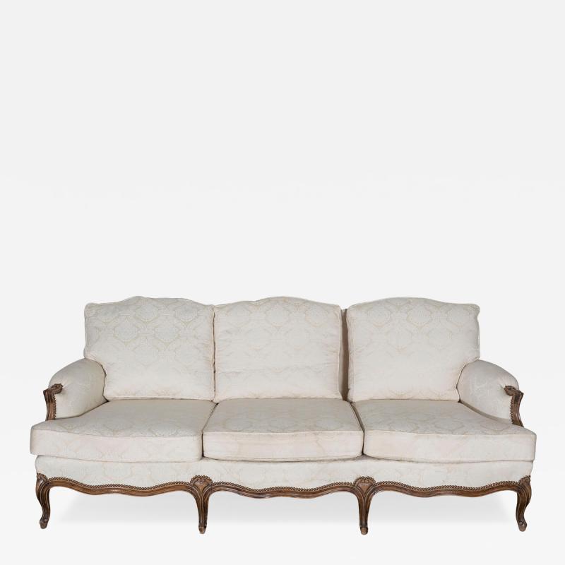 Louis XV Style Carved Walnut Sofa with Cream Damask Upholstery