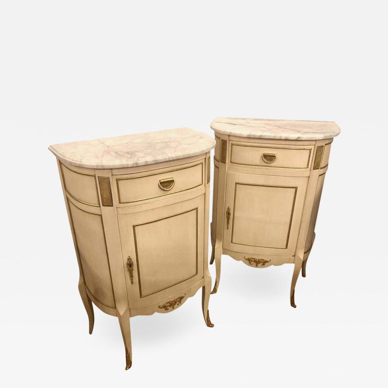 Louis XV Style Demilune Painted Bronze Mounted End Tables or Nightstands Pair