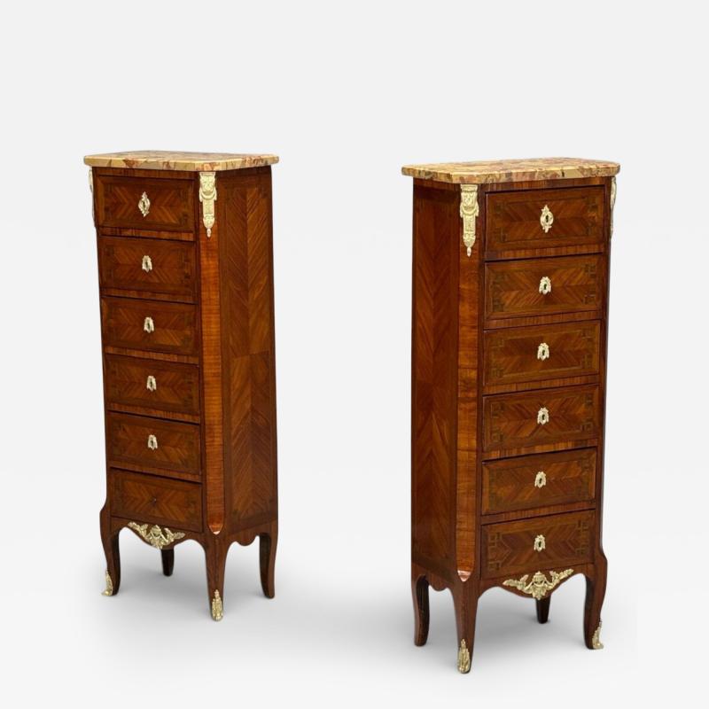 Louis XV Style Tulipwood Marquetry Marble Lingerie Chests France 1910s