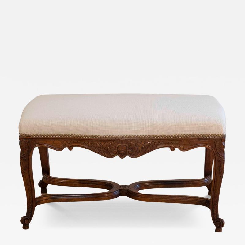 Louis XV Style Walnut Bench with Upholstered Seat and Carved Frame France
