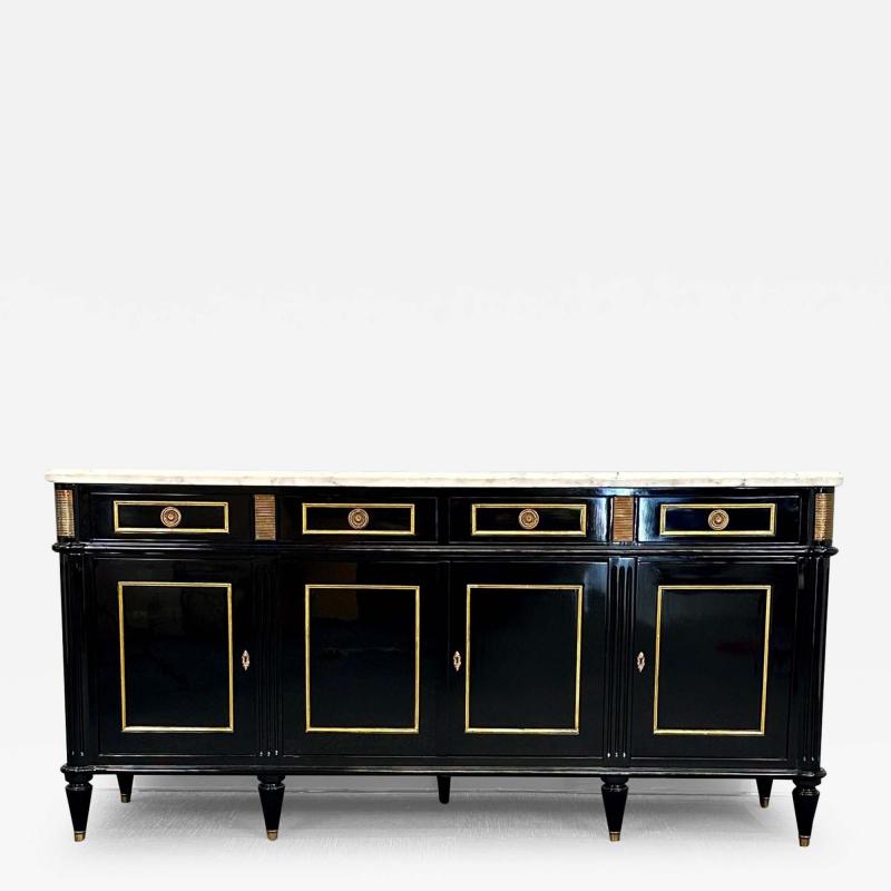 Louis XVI Hollywood Regency Black Lacquer Sideboard Credenza Bronze Mounted