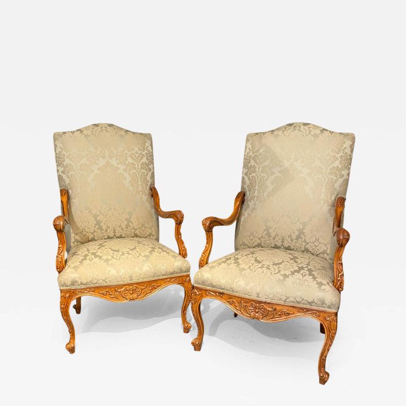 Louis XVI Style Antique Arm Throne Chairs Finely Upholstered a Pair