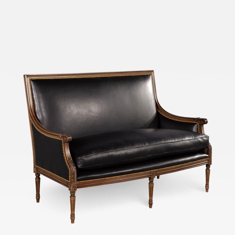 Louis XVI Style Black Leather Settee Sofa