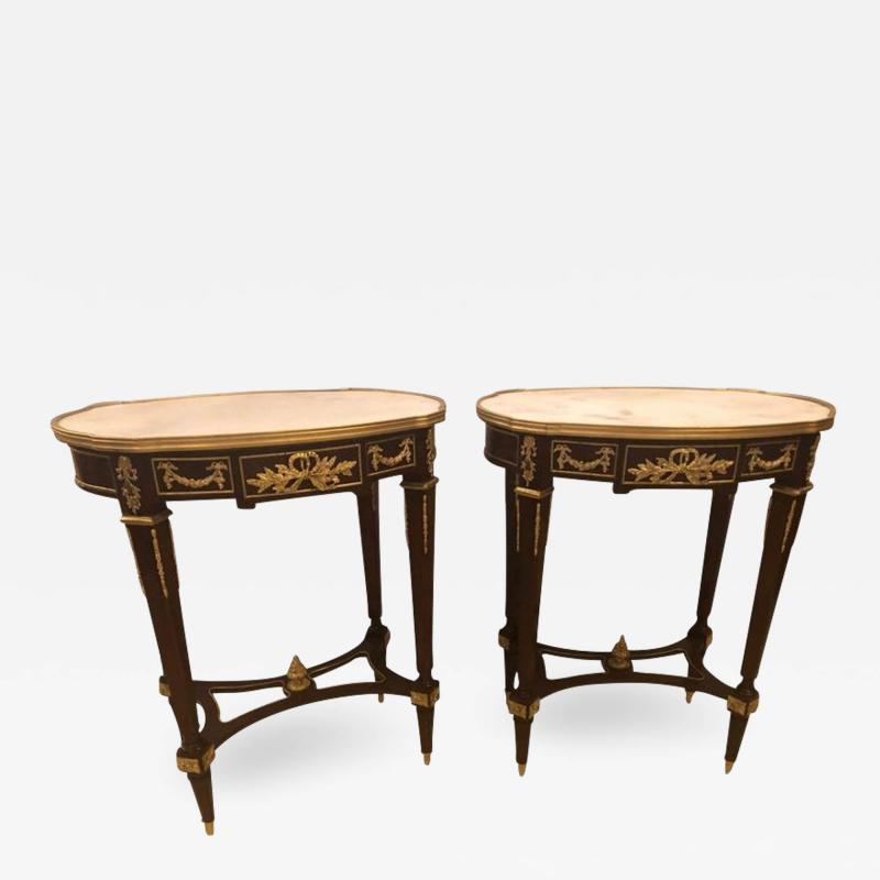 Louis XVI Style Bronze Framed Marble Top End Lamp Table with Bronze Mounts Pair