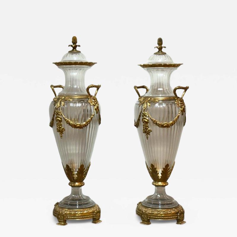 Louis XVI Style Crystal Bronze Monumental Lidded Urns Italy 20th c 
