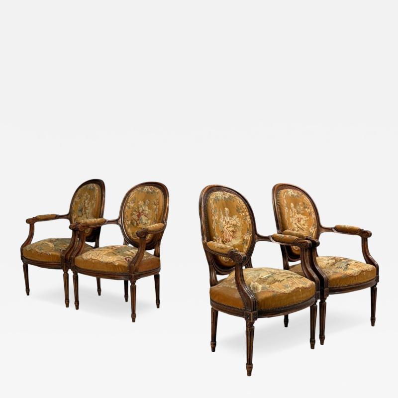 Louis XVI Style Four Armchairs Tapestry Walnut France 20th c 