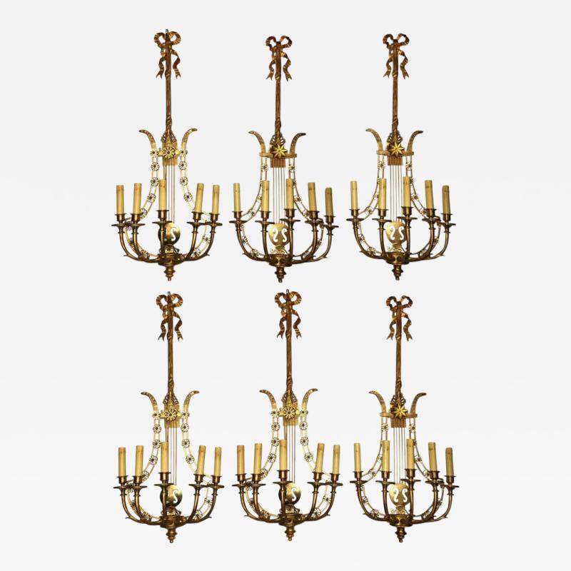 Louis XVI Style Harp Lyre Back Bronze Wall Sconce Set of Six