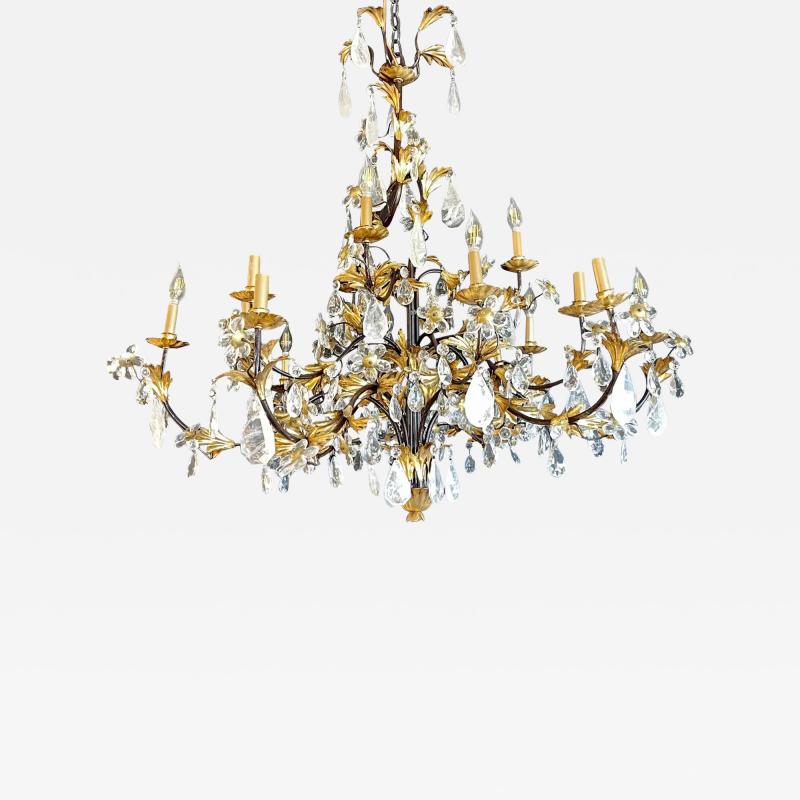 Louis XVI Style Rock Crystal Chandelier Ebony and Gilt Metal Design