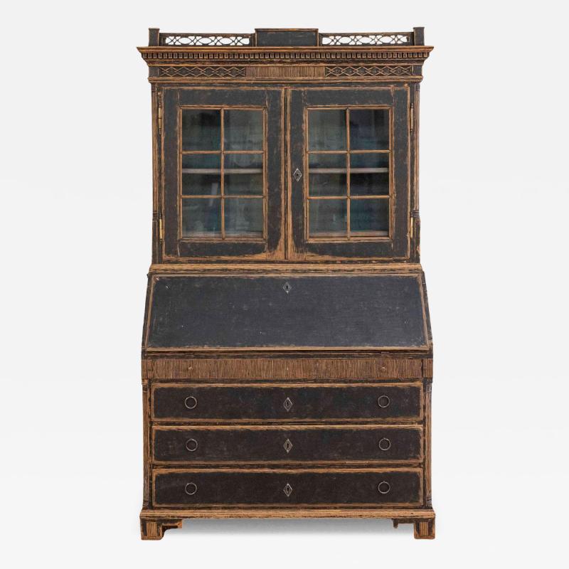 Louis XVI Style Secretary with Glass Doors Repainted Black Blue Interior