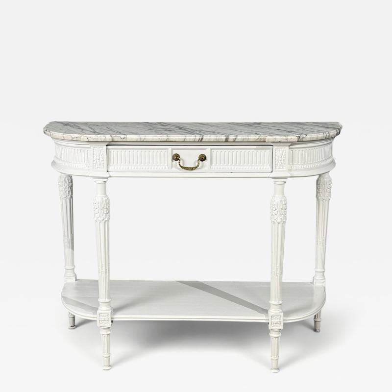 Louis XVI Style White Demilune Console Table Wood Marble France 1960s