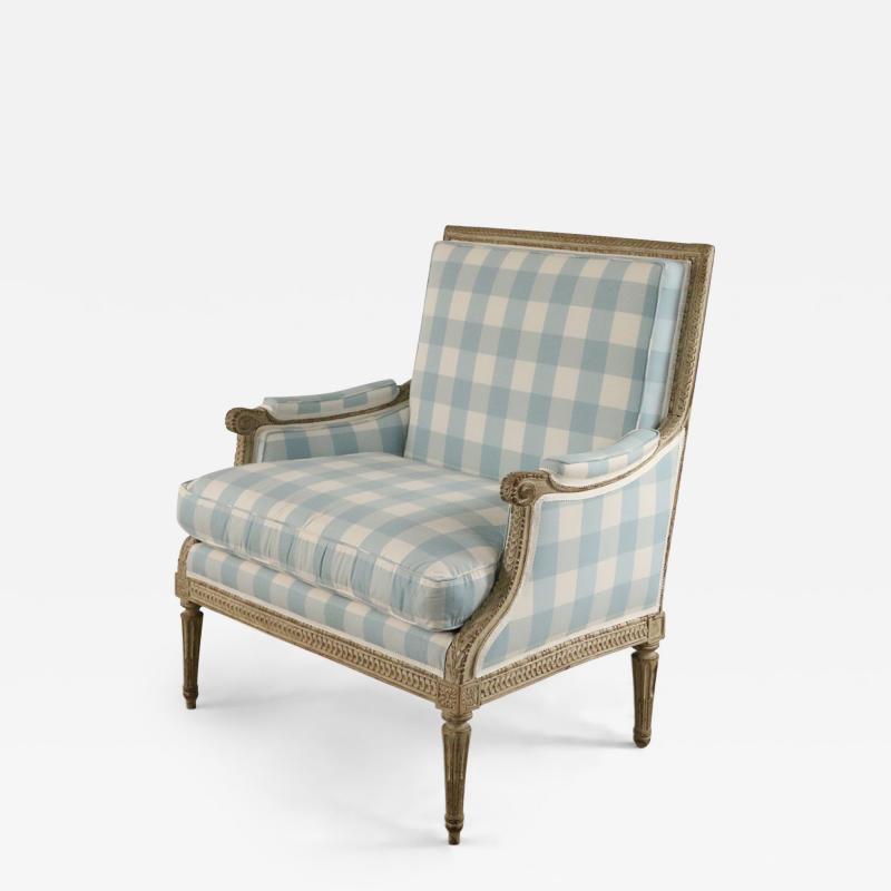 Louis Xvi Blue And White Gingham Upholstered Marquise Armchair