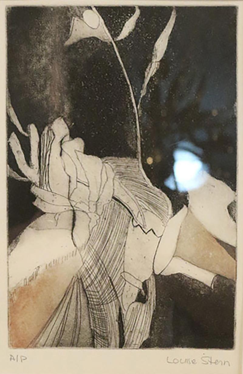 Louise Stern Black and Beige Abstract Etching in Silver Frame