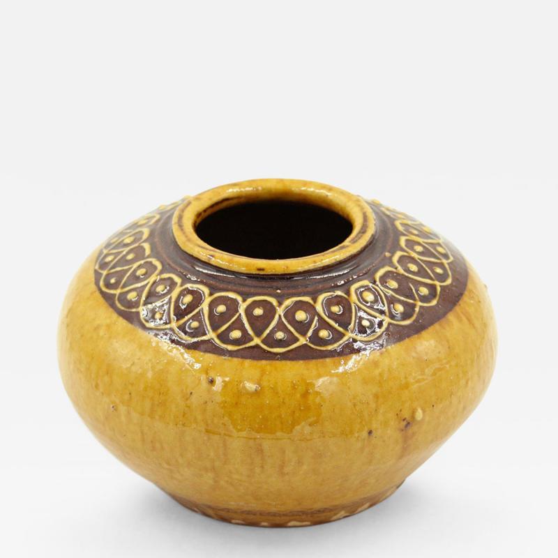 Low Round Yellow and Brown Patterned Rim Ceramic Vase