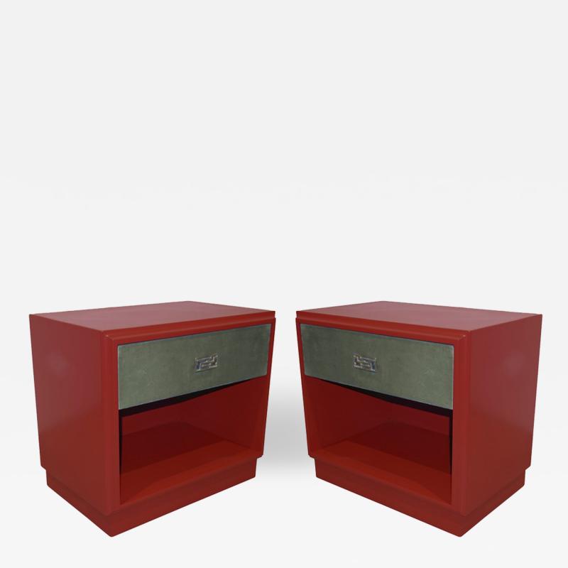 Luciano Frigerio 1970s Italian Green Leather Burgundy Side Tables with Mirror and Bronze Accents