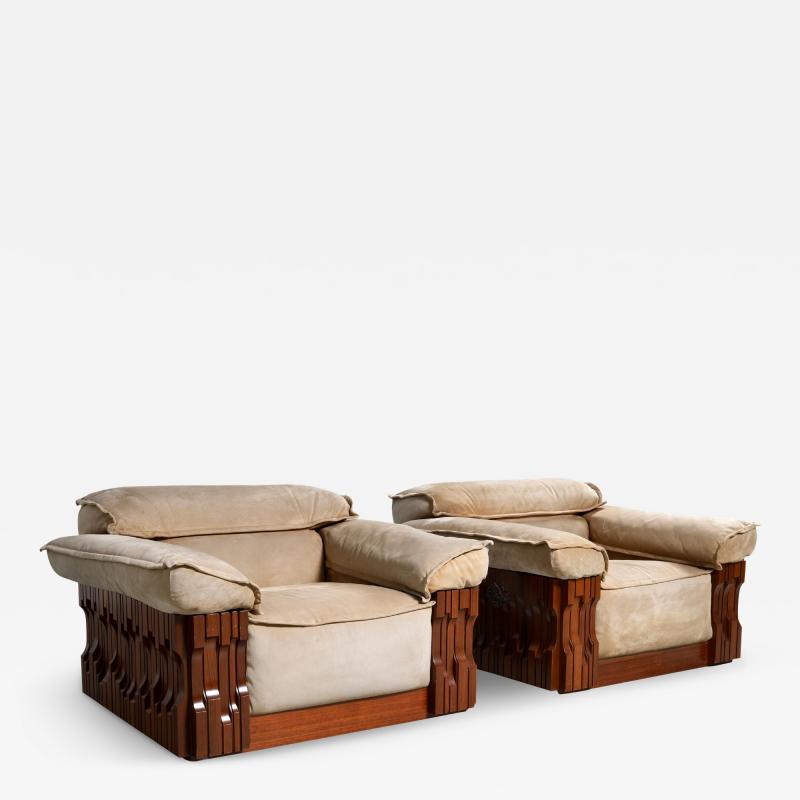 Luciano Frigerio Luciano Frigerio Norman Two Lounge Chairs in Walnut and Suede Italy 1968