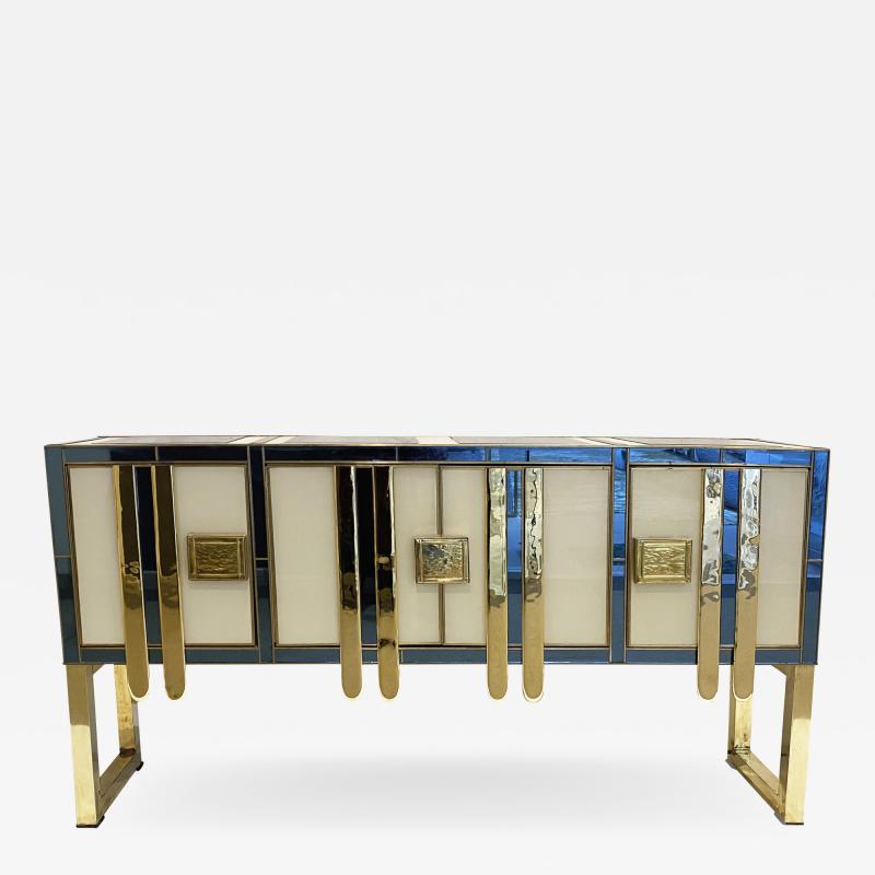 Luciano Frigerio Mid Century Modern Vintage Italian Aqua Blue Cream Gold Brass Modern Sideboard