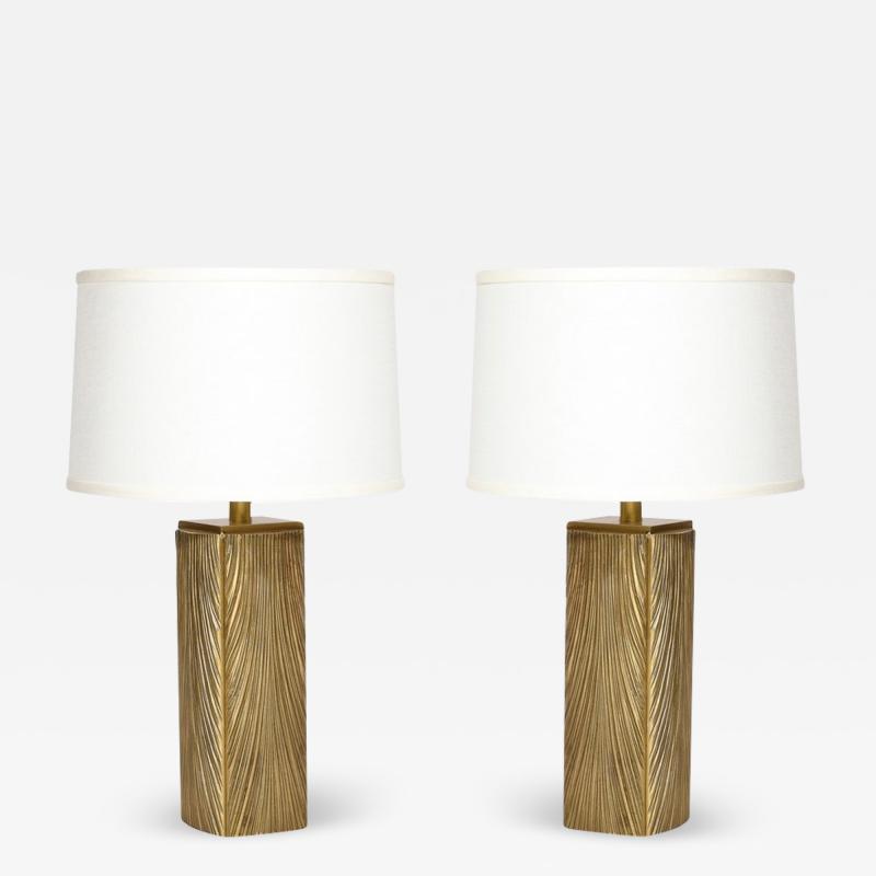 Luciano Frigerio Pair of Mid Century Feathered Brushed Brass Table Lamps by Luciano Frigerio