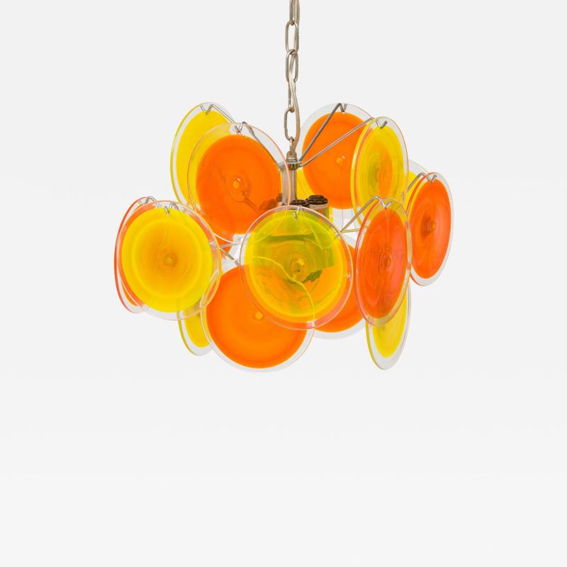 Luciano Vistosi Vistosi Bright Orange and Yellow Blown Glass Disk and Silver Metal Chandelier