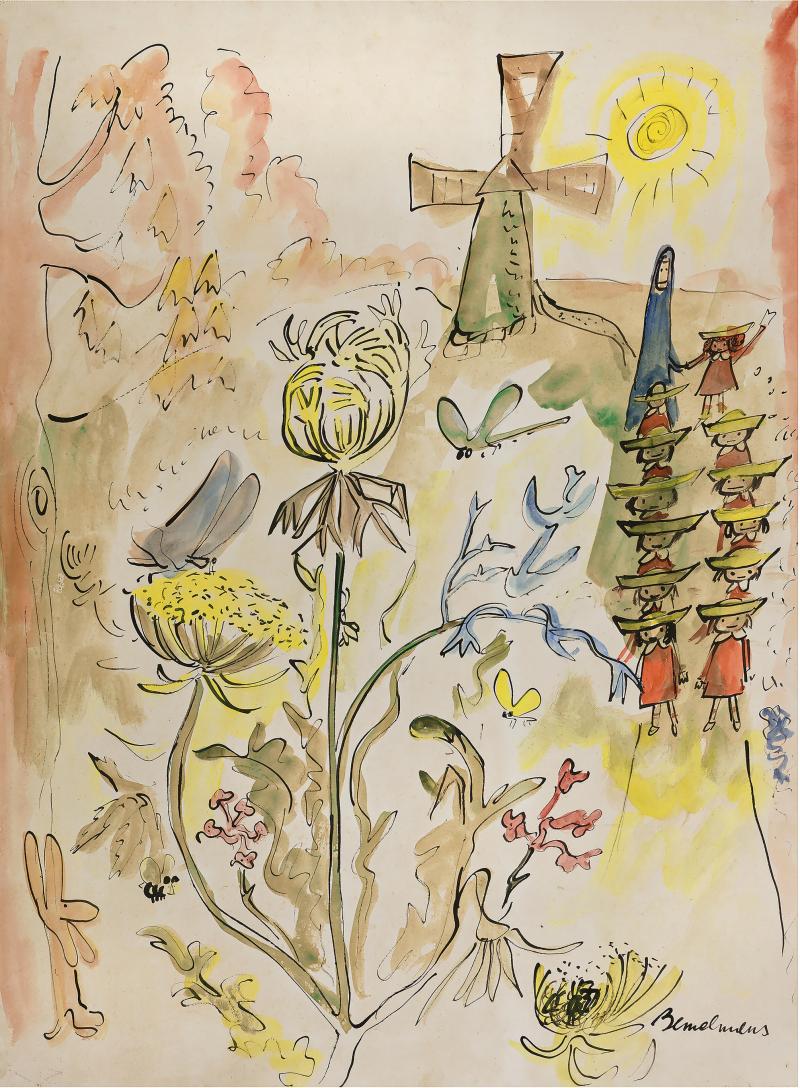 Ludwig Bemelmans Madeline in a Garden with Windmill Original Art twelve little girls