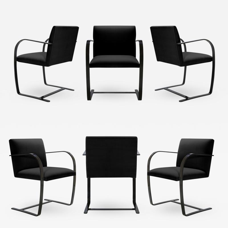 Ludwig Mies Van Der Rohe Brno Flat Bar Chairs in Noir Velvet Obsidian Gloss Frame Set of 6