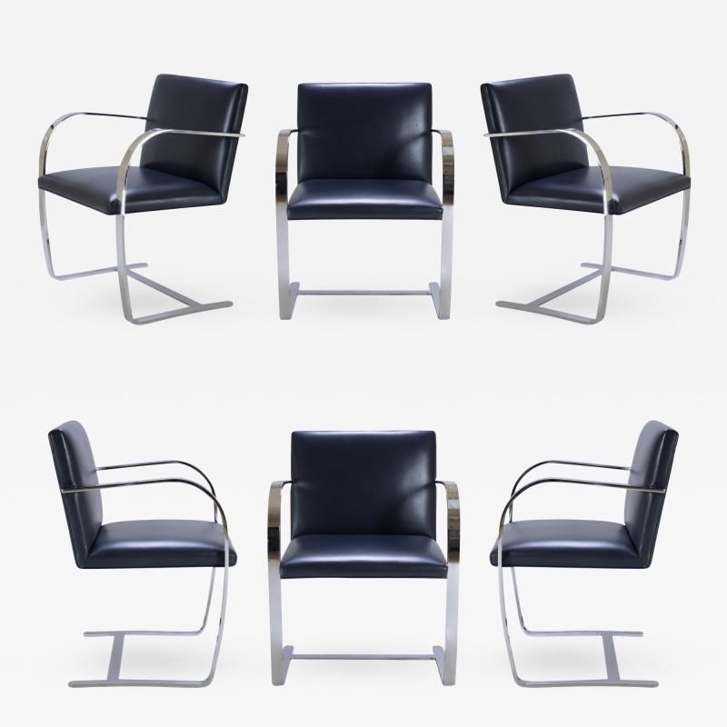 Ludwig Mies Van Der Rohe Brno Flat Bar Chairs in Original Navy Leather Set of 6