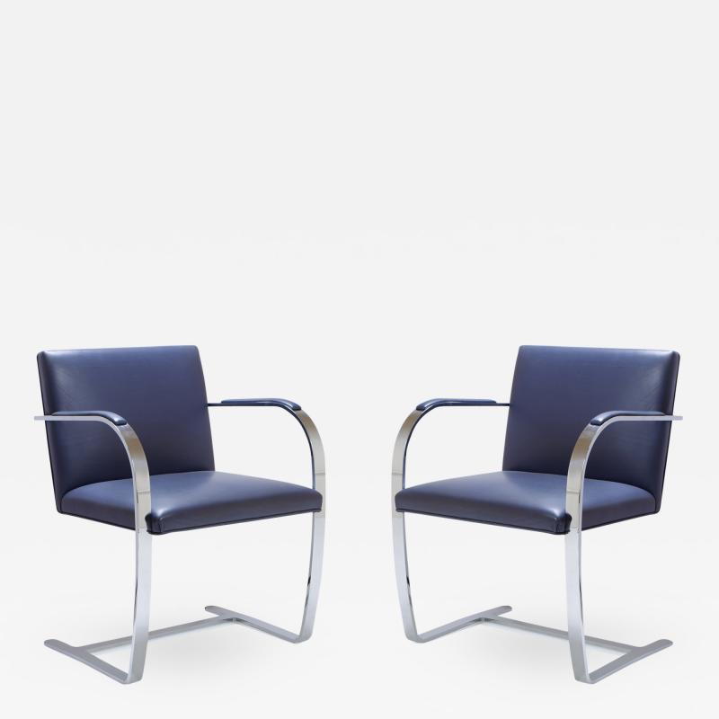 Ludwig Mies Van Der Rohe Mies Van Der Rohe for Knoll Brno Flat Bar Chairs in Navy Leather Pair