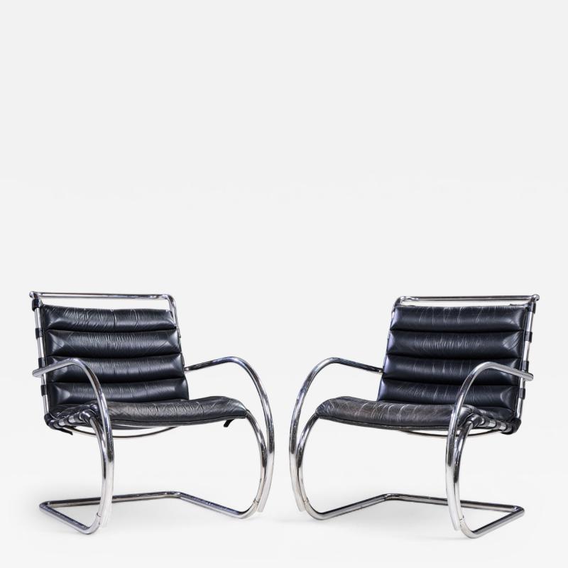 Ludwig Mies Van Der Rohe Mies van der Rohe for Knoll MR Mid Century Black Leather Lounge Chairs Pair