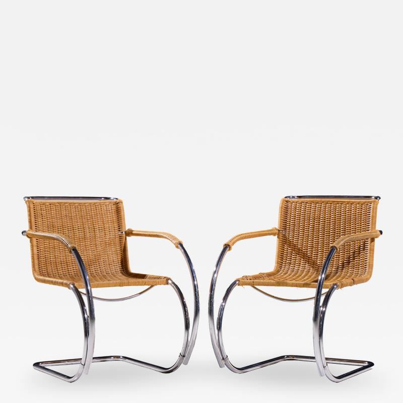Ludwig Mies Van Der Rohe Mies van der Rohe for Knoll MR Mid Century Rattan and Chrome Chairs Pair