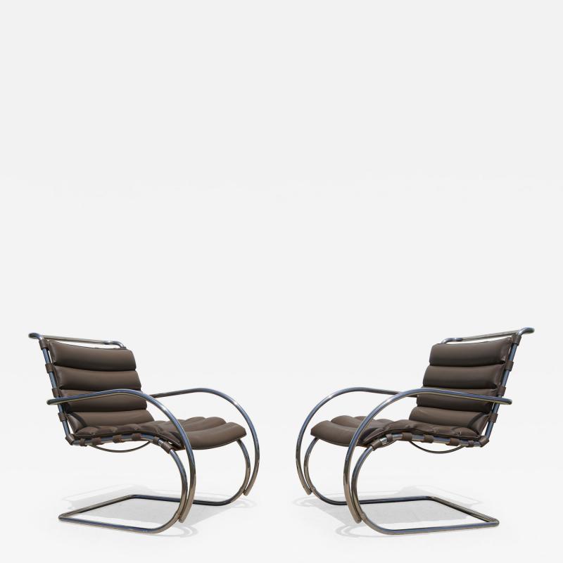 Ludwig Mies Van Der Rohe Pair of Brown Leather MR Lounge Armchairs by Mies van der Rohe for Knoll