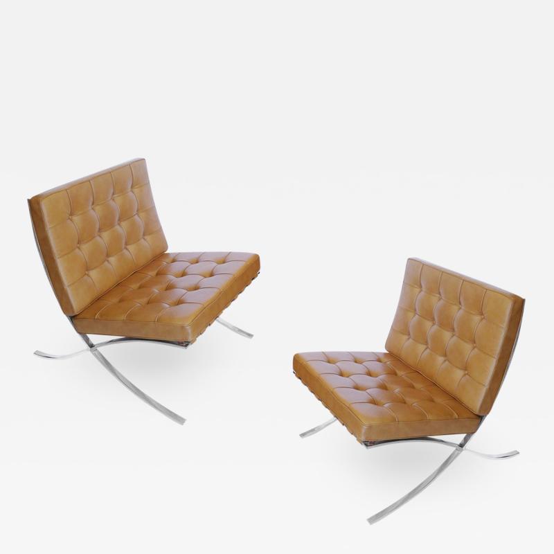 Ludwig Mies Van Der Rohe Pair of Stainless Barcelona Chairs in Tan Leather by Mies Van Der Rohe for Knoll