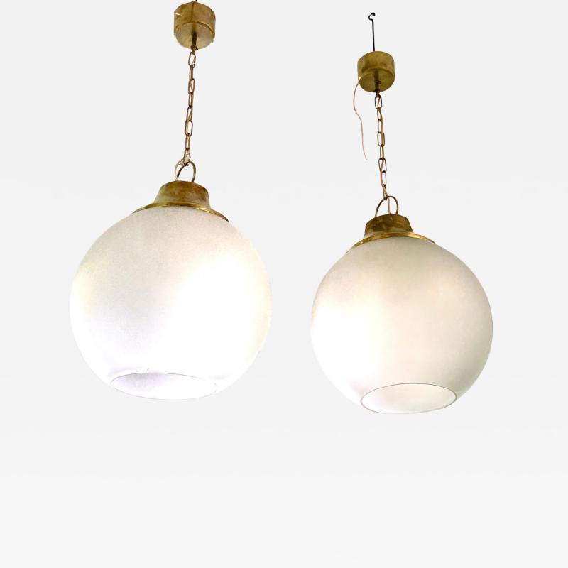 Luigi Caccia Dominioni Pair of Italian Midcentury Brass Satin Glass Ball Pendants by Caccia Dominioni
