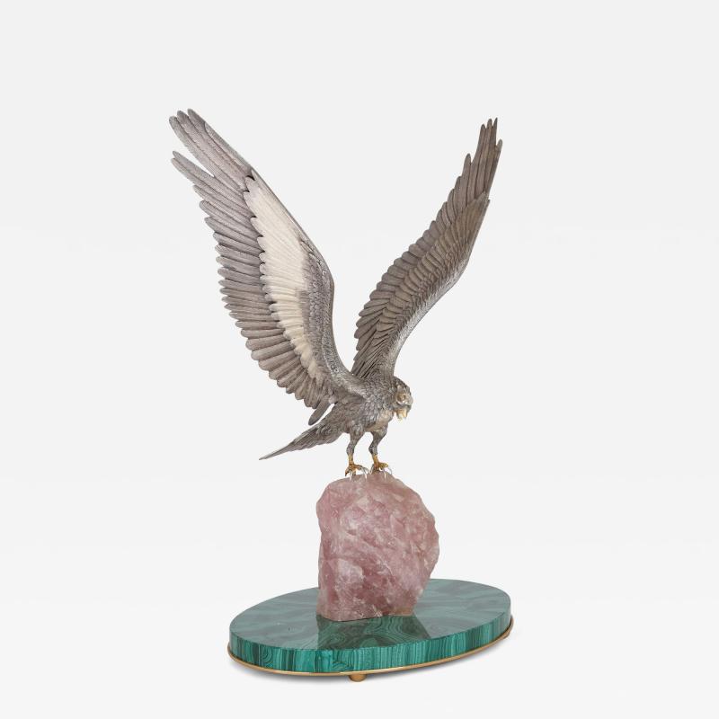 Luigi Cervone Italian silver rose quartz and malachite model of an eagle by Cervone