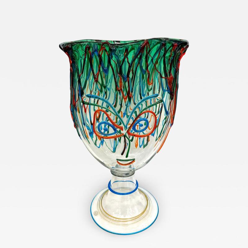 Luigi Mellara Luigi Mellara Picasso Homage Italian Green Blu Murano Glass Face Vase Sculpture
