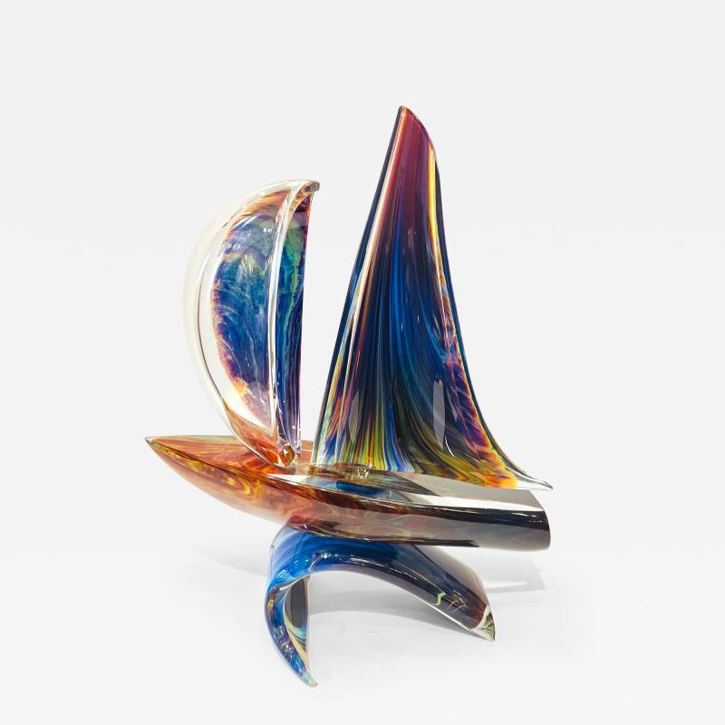 Luigi Moro 2015 Italian Yellow Blue Brown Crystal Murano Glass Boat Modernist Art Sculpture