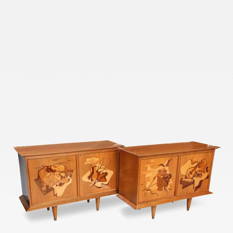 Luigi Scremin Fine Pair of Walnut and Inlaid Wood Two Door Credenza Luigi Scremin