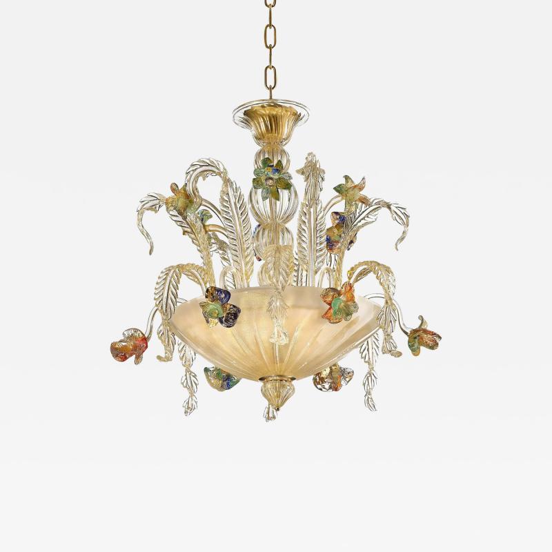 Luxury 21st Century Italian Murano Glass Flower Chandelier Gold Clear