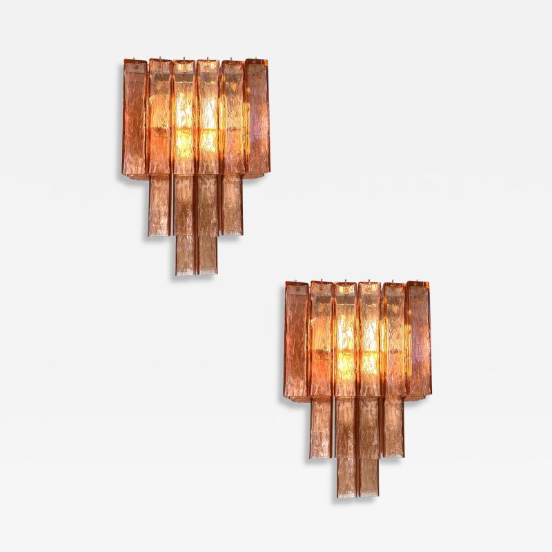Luxury Italian Amber Ros Squared Murano Glass Gold Wall Sconces Set of Two