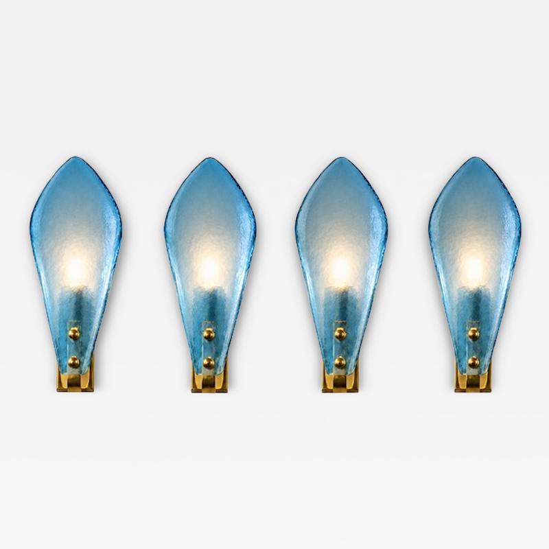 Luxury Italian Light Blue Sanded Leaf Murano Glass Wall Sconces 4 Pieces