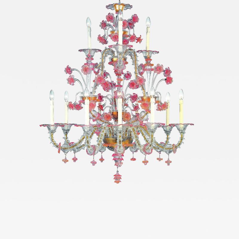 Luxury Pink and Transparent Venetian Murano Glass Chandelier