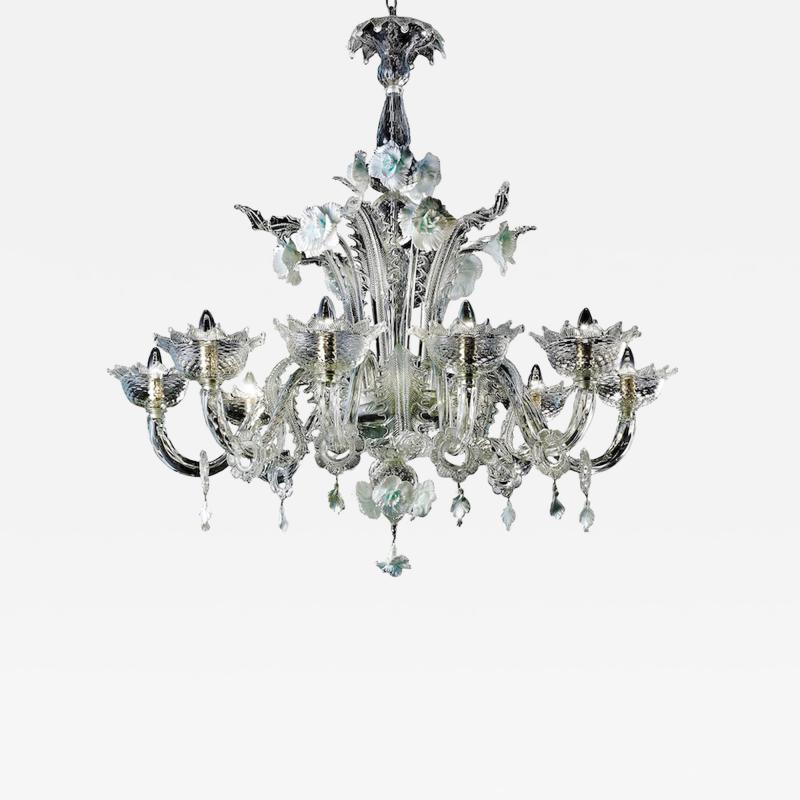 Luxury Romantic Venetian Floral Murano Glass Chandelier in White Clear
